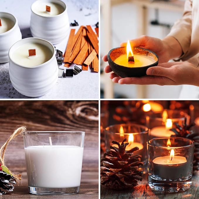 140 Pcs Wooden Candle Wicks Kit, Includes 50 Wood Wicks (5.1 x 0.5in), 50 Iron Stands and 50 Wick Stickers, Naturally Smokeless Candle Cores for DIY Candle Making