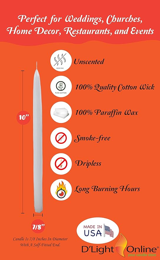 D'light Online White Taper Candles, 10 Inch Premium Quality Candles Hand-Dipped Tapered Candles, Dripless, Smokeless and Unwrapped Bulk Pack for Events - Set of 12 (10 Inch, White)