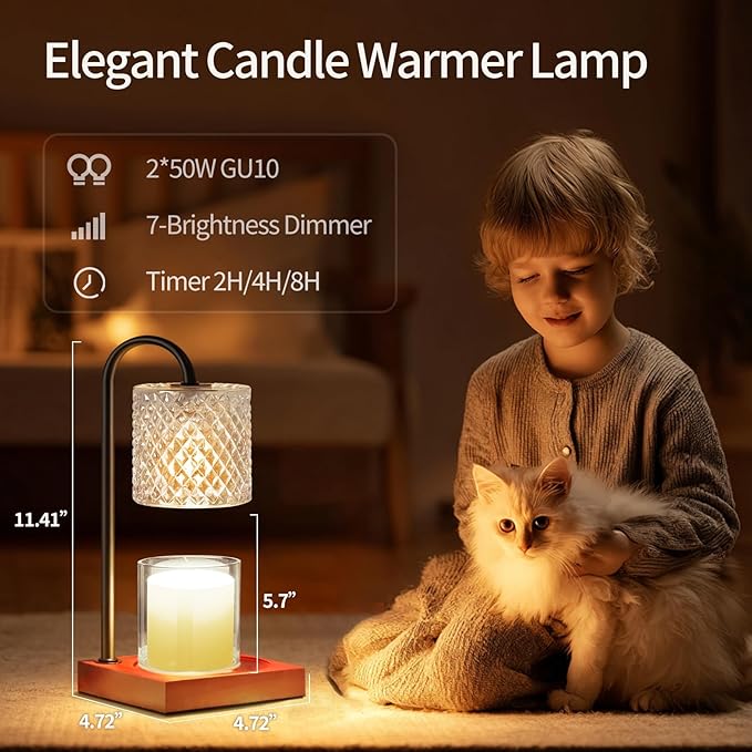 TigQiang Candle Warmer Lamp, Candle Lamp Wax Warmer, Timer & Dimmer 7-Levels, Fits Cup Jar Candle, Top Melting, Crystal Heater Lamp for Scented Wax, Elegant Home Decor, Clear & Brown