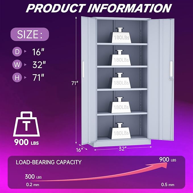 Superday Metal Storage Cabinets, 71" Storage Cabinet with Locking Door, Tall Garage Cabinet with 2 Doors and 4 Adjustable Shelves for Home Office, Classroom, Easy Assemble(Grey)
