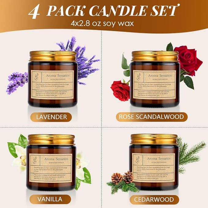 4 Pack Cedar Candles for Home Scented,Amber Jar Aromatherapy Candle Gifts for Women,Scented Candles Set for Mother's Day Christmas Valentine Thanksgiving Brithday Gifts,Soy Wax Candle Set