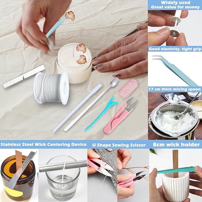 155PCS Adjustable Candle Hole Drill Needle with Candle Wick Roll 200 Ft,Candle Making Kits to Insert Wick in Silicone Molds,Mold Hook & Eye Punch Needle,Big Hole Long Needle,Stickers,Center Holder