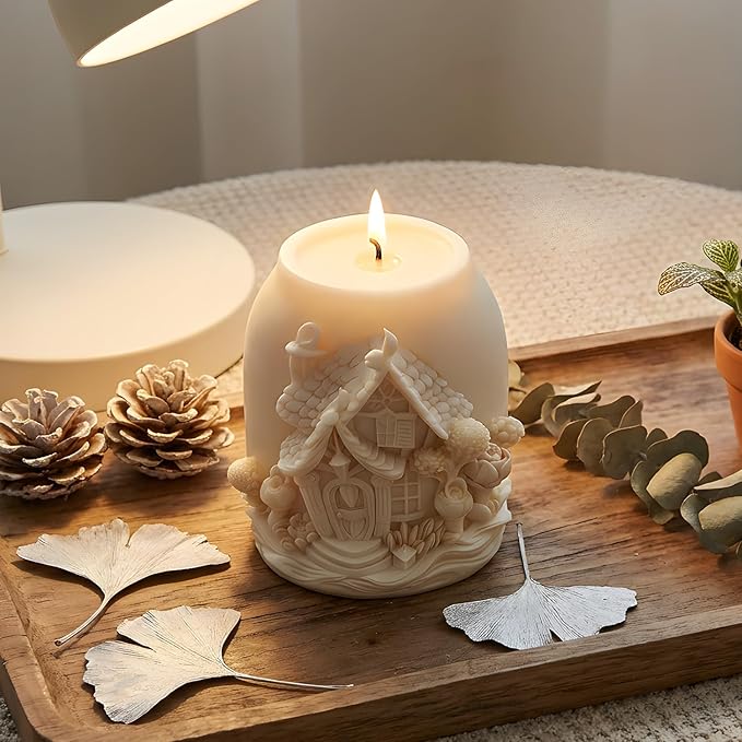 XIAOSHUI Magic House Relief Cylinder Candle Molds 3D Fairy Forest House Candle Silicone Mold for Candles Making Resin Casting Aromatherapy Candles Gypsum Craft Home Decorate