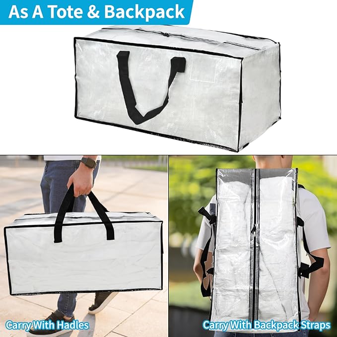 Clear Moving Bags – 8 Pack Large Foldable Storage Bags with Handles and Straps for Clothes, Bedding, and Seasonal Items