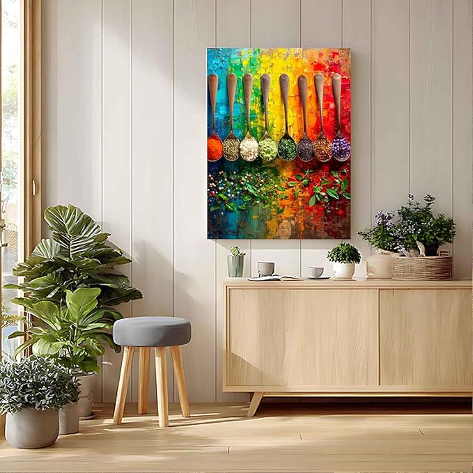 Rainbow Spices on Spoons Paint by Numbers for Adults, Kitchen Food Art DIY Painting Kit, Colorful Wall Decor 24 Colors 20x24 inch Framed