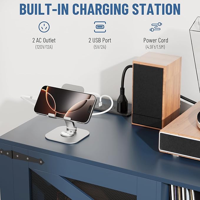 Large Record Player Stand with Vinyl Storage, 500+ Vinyl Record Storage Cabinet, 47 Inch Record Player Table with Power Outlet, Farmhouse Wooden Turntable Stand for Living Room, Blue