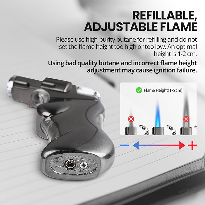 YUSUD Refillable Torch Lighter with Visible Fuel Window - Cool Blue LED Light Design - Adjustable Windproof Jet Flame - Butane Lighter for Camping & Unique Gift for Men Women (Butane Not Included)