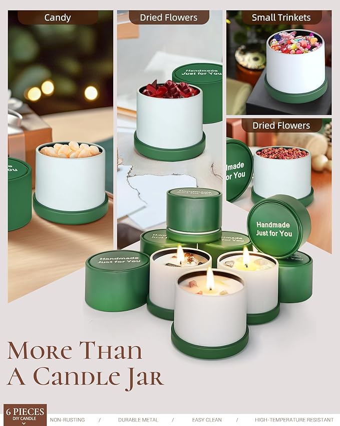 Quikobo 6 Pack 4oz Green Candle Tins with Lids - Durable Matte Tinplate Containers for DIY Candle Making and Multi-Purpose Storage
