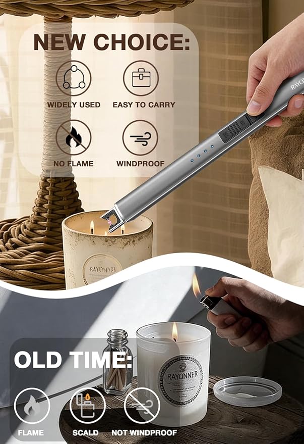 Electric Candle Lighter USB Rechargeable Plasma Arc Windproof Flameless with Safety Lock Ideal for Candle BBQ Camping Birthday Housewarming Gifts for Women & Men (Grey, 1 Count)