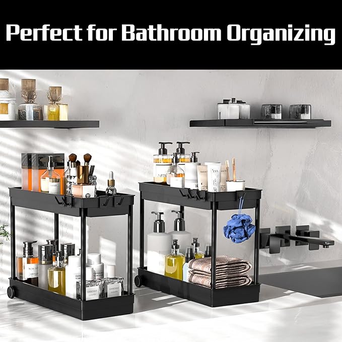 Cicilyna 2 Pack Under Sink Organizer, 2 Tier Bathroom Cabinet Organizers and Storage with Hook, Multi-purpose Storage Basket Shelf for Kitchen, Black