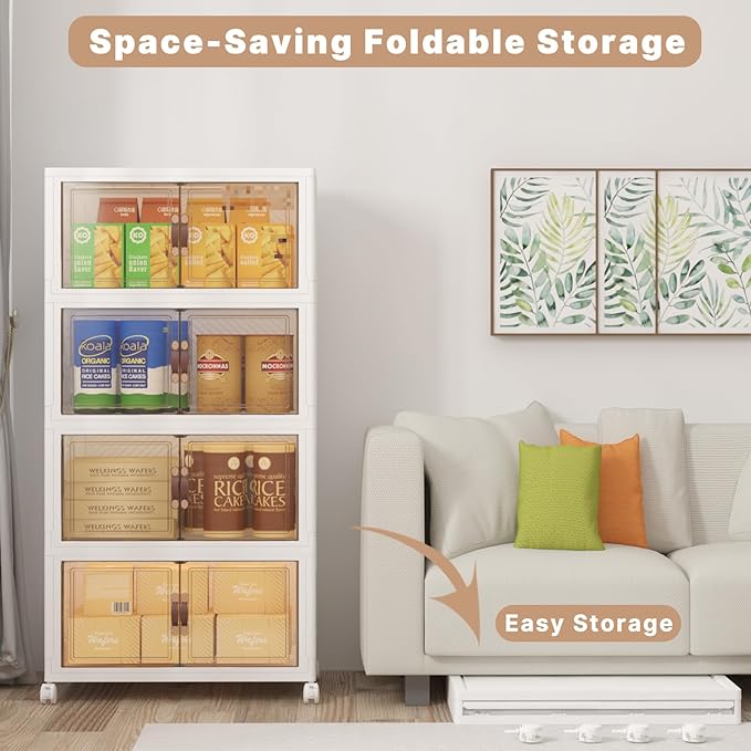 Extra Large Stackable Storage Bins with Lids & Wheels, 480QT-120QT/30GAL*4Pack Foldable Collapsible Closet Organizers Storage Cabinet with Doors for Bedroom Dorm