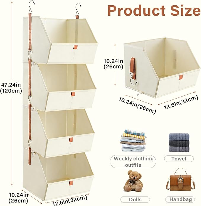 4 Tier Hanging Closet Organizer,Disassemblable Clothes Hanging Shelves,Fabric Closet Organizer System for Space-Saving,Foldable Storage Basket for Bedroom, Rv (1 Pack,Beige)