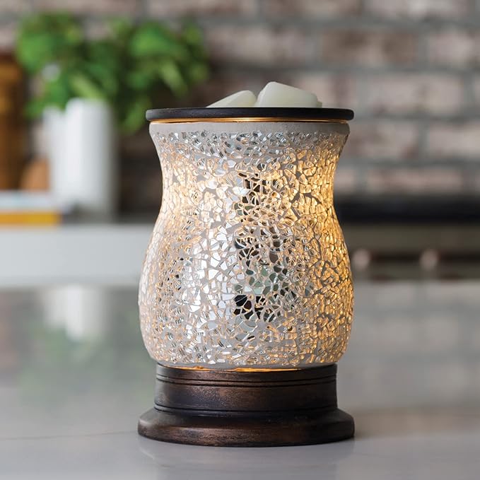 Candle Warmers ETC. Illumination Fragrance Warmer- Light-Up Warmer for Warming Scented Candle Wax Melts and Tarts or to Freshen Room, Reflection Mosaic Silver Glass