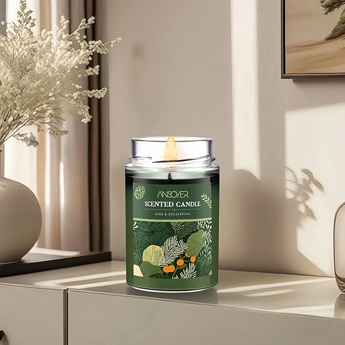 Scented Soy Candle, Aromatherapy Jar Candles for Home Scented, Long Lasting with 70 Hour Burn Time 11oz, Gifts, Soy Candles Scents of (Pine & Eucalyptus)