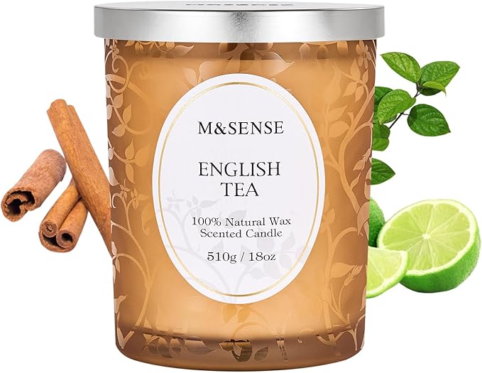 M&SENSE English Tea Soy Candle, Cracking Wooden Wick 18oz 100 Hours Long Lasting Clean Burn, Large Jar Winter Aromatherapy Candle for Home Decor, Non-Toxic Relaxing Gifts for Women