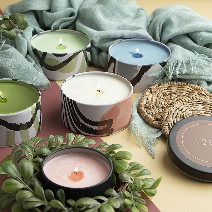 Hearth & Harbor Tin Candle Jars for Making Candles - DIY Candle Containers with Lids - Metal Candle Jars - Bulk Tins Storage for Candle - (24 Pieces) - (8 Ounces) - Painted Illustration