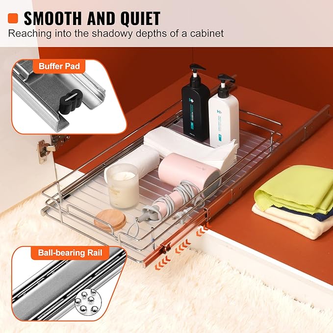 VEVOR 12.5"Wx16.5"Dx3.5"H Pull Out Cabinet Organizer, Heavy Duty Slide Out Pantry Shelves, Chrome-Plated Steel Roll Out Drawers Storage, for Home, Under Sink, 14"Wx17.5"Dx7"H Install Size for Cabinet
