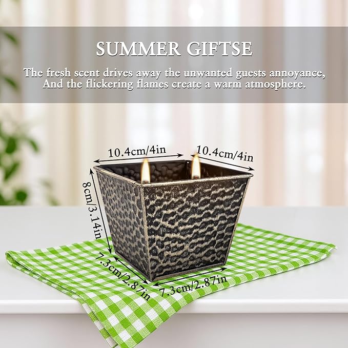 Citronella Candles 4 Pack - 2 Wicks Outdoor & Indoor Ambience Candles Vintage Hammered Metal Jar, Smokeless Clean Burning, Summer Gift for Patio, Garden, Camping & Picnic