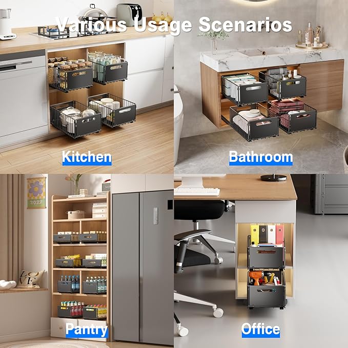 2 Pack Pull Out Cabinet Organizer, Slide Out Drawers for Cabinets, Peel and Stick, Heavy Duty Shelves for Kitchen, Cupboard, Pantry, Bathroom (14.76" D*9.65" W*7.87" H-Black)