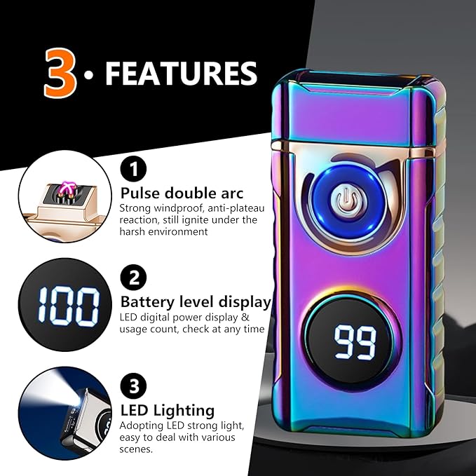 SKRFIRE Plasma Rechargeable Electric Lighter for Candle - Arc Type C Electronic Torch, Windproof Portable Metal With LED Power Display for Camping, Hiking, BBQ (Colour)