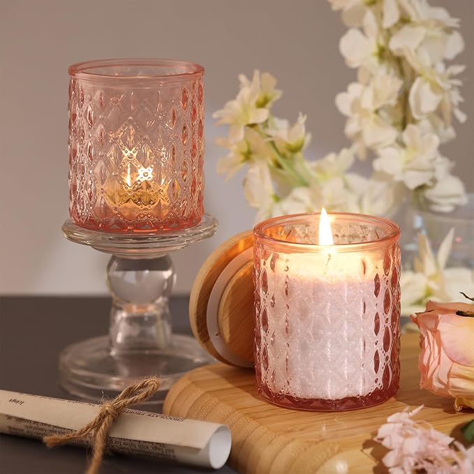 NITIME 15pcs 7.5oz Pink Candle Jars for Making Candles, Glass Candle Vessels with Bamboo Lids and Sticky Labels, Containers for Candle Making Supplies