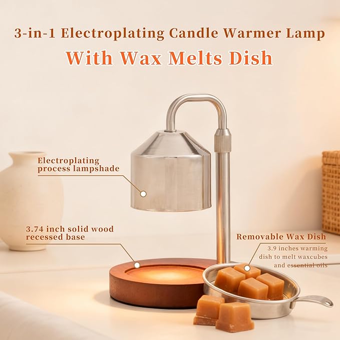 Candle Warmer Lamp with Timer Dimmable,Electroplated lampshade and Wooden Base,Height Adjustable Candle Warmer with 2 Bulbs,Gifts for Women Mom Bedroom Decor with Wax Tray