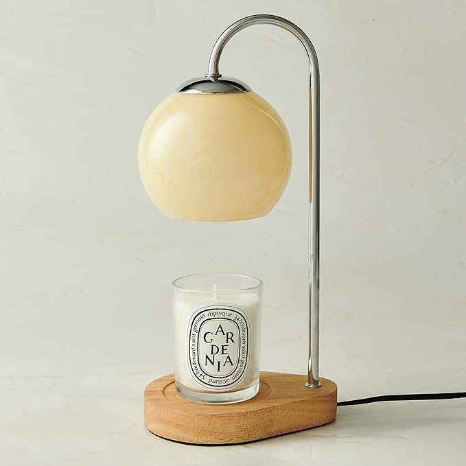 Modern Candle Warmer Lamp with Timer and Dimmer, Dimmable Electric Candle Lamp Warmer, Wax Melt Warmer, Glass with Wood Base, Home Decor Gifts 2 Bulbs Included (Beige and Natural Wood Base)