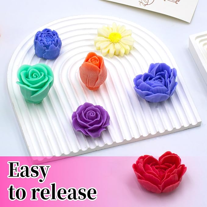 6Pcs Rose Flower Candle Resin Mold Silicone Flower Mold for Candle Making Large 3D Heart Rose Tulip Daisy Peony Valentine Mother Day Silicone Candle Mold for Soy Wax Beeswax Resin Craft
