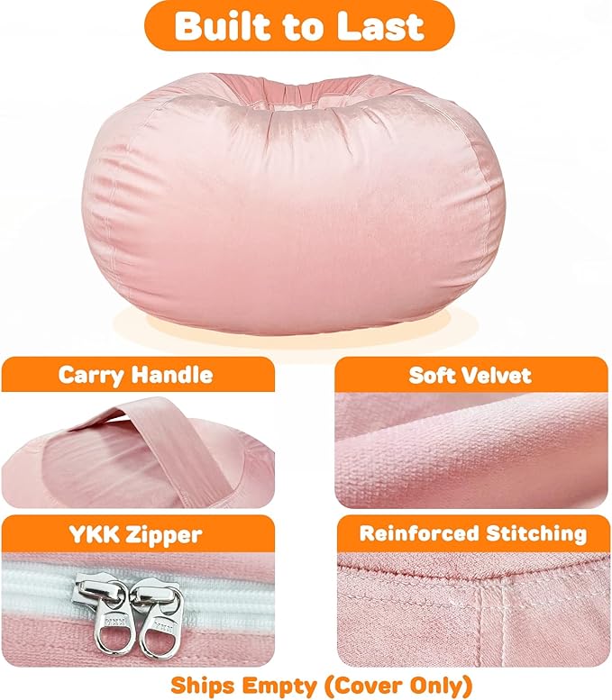 Lukeight Stuffed Animals Storage Bean Bag Chair Cover Only (Ships Empty, No Filling) - Velvet YKK Zipper Beanbag Cover for Toddlers and Kids, Washable Plush Toy Organizer, Large 27" D x 16" H