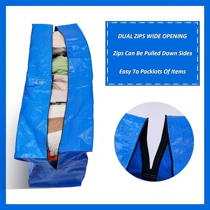 Windyun 4 Pack 155 Gallon Extra Large Moving Bags XXL Heavy Duty Storage Bag with Strong Zipper Handle Jumbo Big Tote Box Foldable for College Dorm Travel Clothes Duffle Blanket Pillow(Blue)