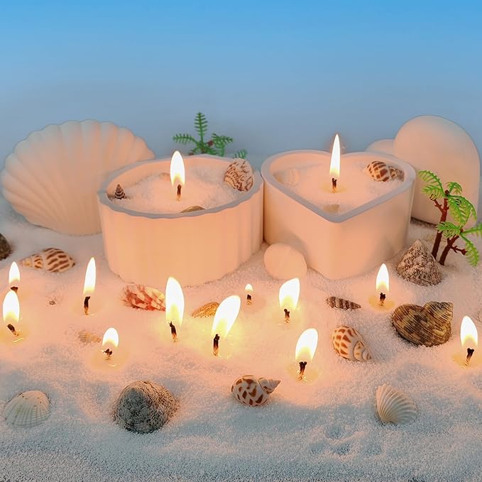 Pansyling 35oz Pearled Candle Wax Sand Crafting Set for Beginner,All-in-One Scented Candle Making Kits with 6 Essential Oils,2 Plaster Containers,50 Wicks & Seashells,DIY Powder Candles(White)