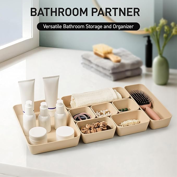 ISSEVE 8Pcs Nesting Silicone Drawer Organizer Trays, 4 Size Versatile Vanity Bathroom & Desk Drawer Organizer Set Storage Bins for Office,Kitchen,Nightstand,Beige