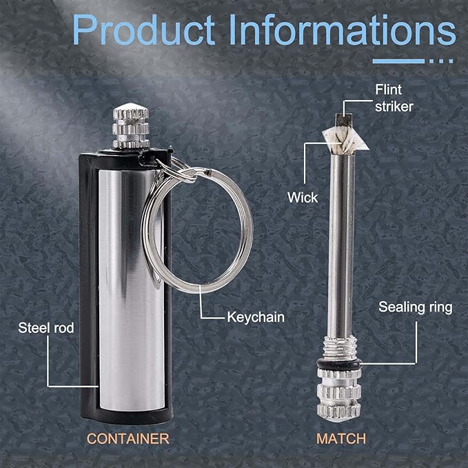 5-Pack Permanent Match Lighter - Waterproof Keychain Survival Tool Compatible with Camping and Candles, Emergency Use (No Fuel)