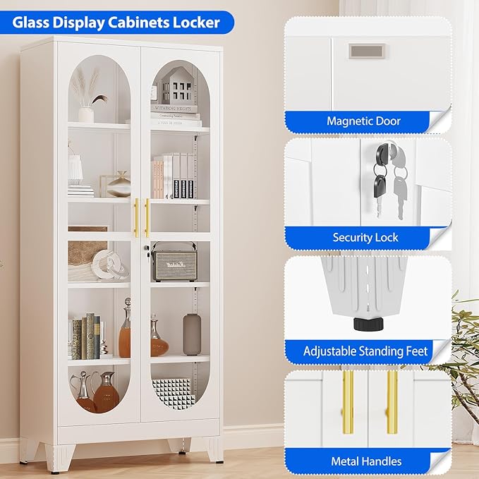 Ckzbx Metal Locker Storage Cabinet with Glass Door 71" H Locking Tool File Cabinets Snack Locker Organizer for School Classroom,Bedroom,Gym Home Office,Entryway and Hallway (White)