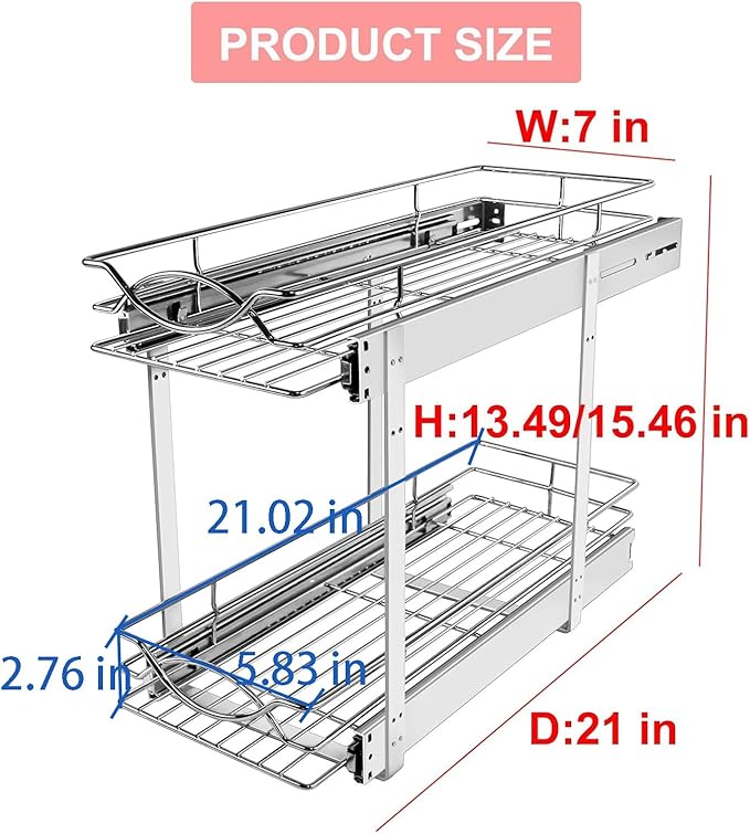 Sikarou Pull Out Cabinet Organizer 2-Tier Individual Slide Out Drawer Pantry Shelf Storage for Kitchen Base Cabinet Organization for Kitchen, Bathroom, Pantry, Chrome (2-Tie 7 * 21 in)