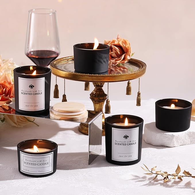 sunnyfuture 16 Pack Matte Black Candle Jars, 8pcs 7oz + 8pcs 4oz Candle Jars for Making Candles with Wooden Lids and Labels for DIY, Gifts, Home