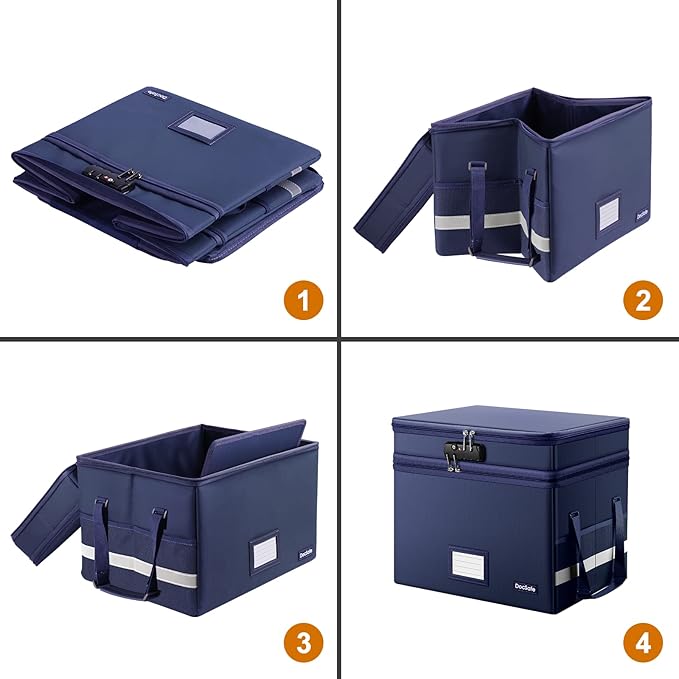 DocSafe File Box with Lock,Multi-Layer Fireproof Document Box Collapsible File Storage Organizer with Pockets/Handle,Large Portable Home Office Filing Safe for Hanging Letter/Legal Size Folders,Blue