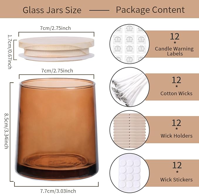 DARJEN 12 Pack Amber Candle Jars for Making Candles- 9 OZ Empty Glass Candle Making Jars with Making Kits, Candle Making Supplies Candle Containers for Home DIY & GIFS