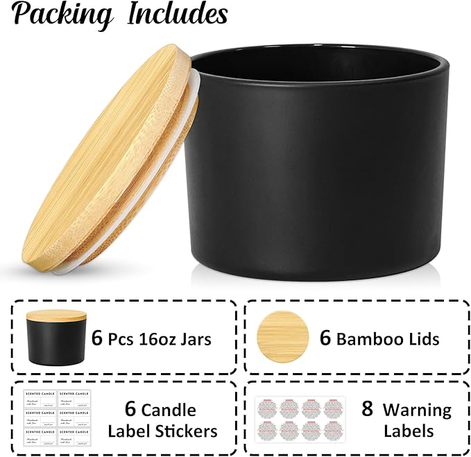SUPMIND 16oz Candle Jars 6 Pack, 3 Wick Matt Black Glass Empty Candle Jars with Bamboo Lids for Candle Making, Large Wide Mouth Candle Container Bulk for 12/13/14/15oz Candles, with Stickers and Label