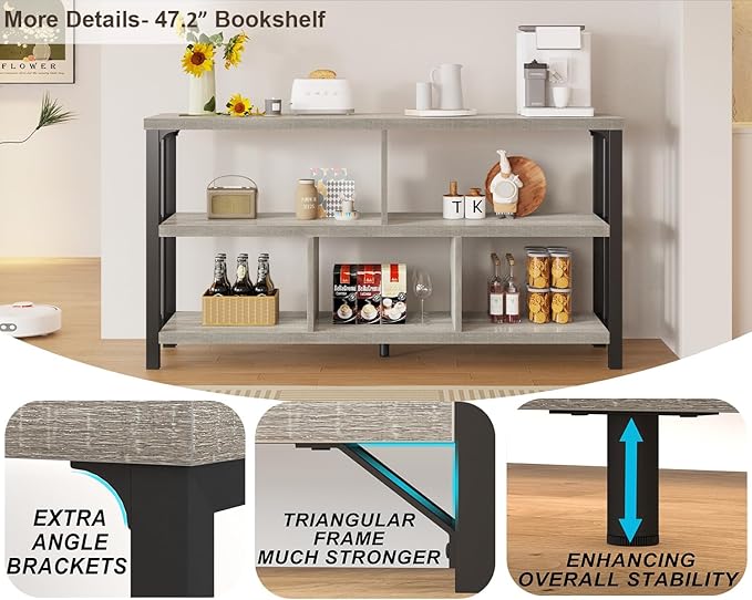 IBF Industrial Horizontal Bookshelf, Modern 5 Cube Storage Organizer Open Shelf, Low Wide Cubby Bookcase for Home Office Living, Wooden Metal Short Book Shelf Bedroom Storage, Light Grey Oak, 47 Inch