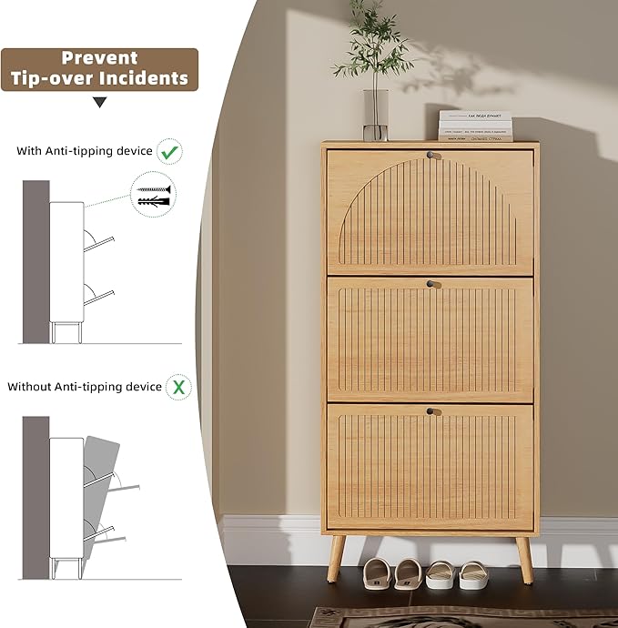 Fsbecl Shoe Storage Cabinet for Entryway with 3 Flip Drawers, Narrow Shoe Organizer with Fluted Panel, Freestanding Wood Hidden Shoe Cabinet for Hallway (Wood Color, 23.6''W, Single Layer)