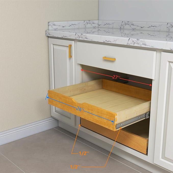 Solid Wood Pull Out Drawer 27" W × 21" D for Kitchen Cabinets, Roll Out Tray with Full Extension Slides, Natural Wood, DIY Assembly