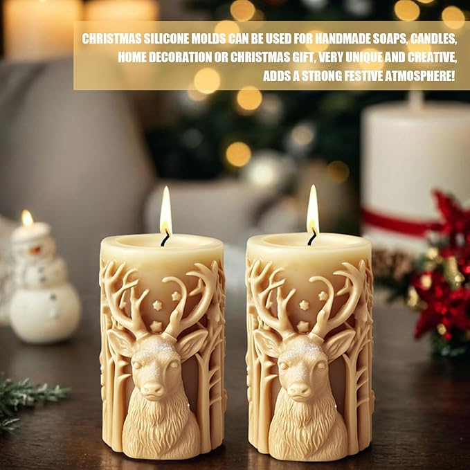 Elk Candle Moulds for Candle Making, Deer Pattern Pillar Candle Mold, Christmas Reindeer Silicone Mold for Soy Wax Candle, Aromatherapy Candle, Gypsum, Plaster, Home Decor (Deer Molds)
