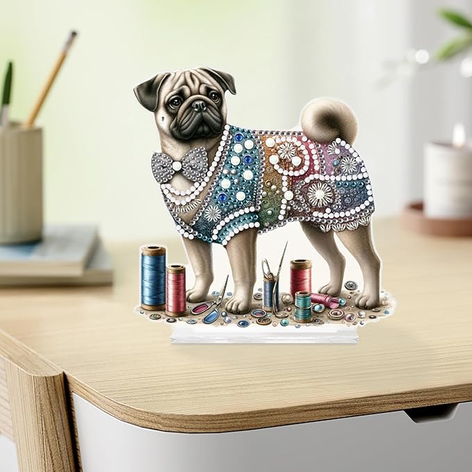 antor Diamond Painting Desktop Ornament Kit, Pug Dog DIY Acrylic Diamond Art Tabletop Decoration, Special Shape Crystal Diamond Painting Figurine Ornaments Kit for Adult Beginner