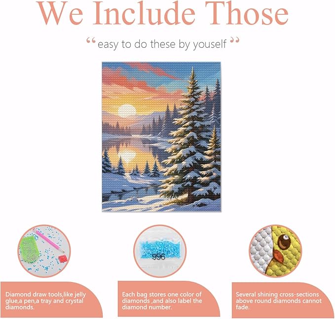 QZOTRXI Christmas Diamond Painting Kits for Adults, 5D DIY Snow Sunset Diamond Art Kits for Beginners, Winter Snow Gem Art Full Round Drill for Gifts and Home Wall Decor 12x14 Inch