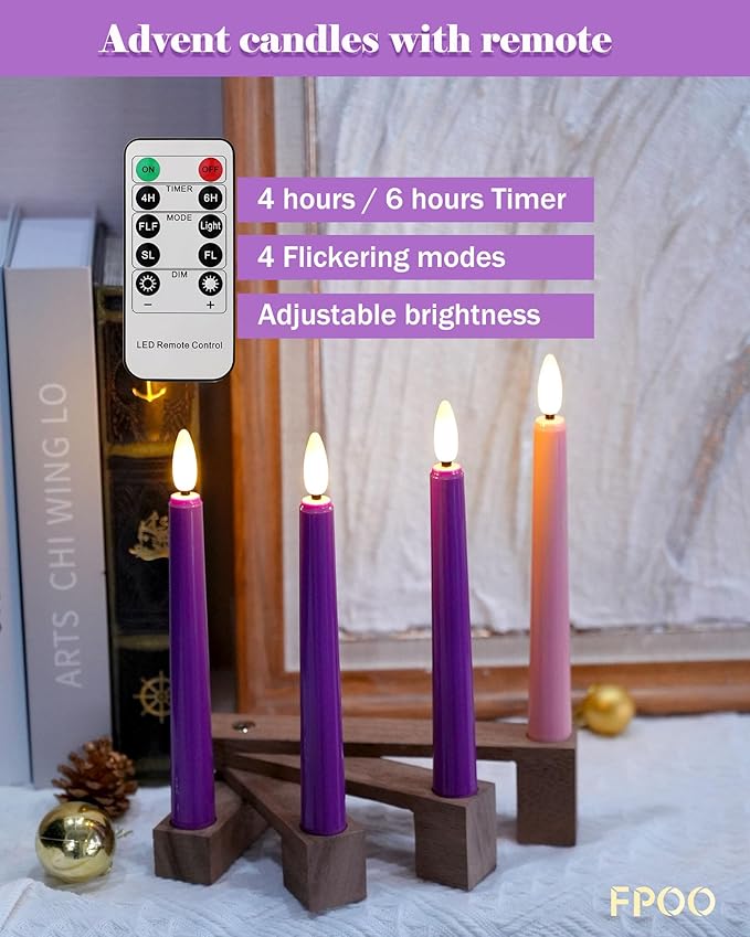 FPOO Flameless Advent Candles with Wooden Candle Holder, Advent Candles Battery Operated 3 Purple and 1 Pink LED candlesticks for Advent Decoration (4 Packs)