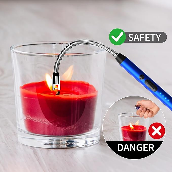 2-Pack Rechargeable Electric Candle Lighters, Flameless Windproof Long Lighter with 360° Flexible Neck and LED Display for Candles, Camping, BBQ & Fireplace (Blue)