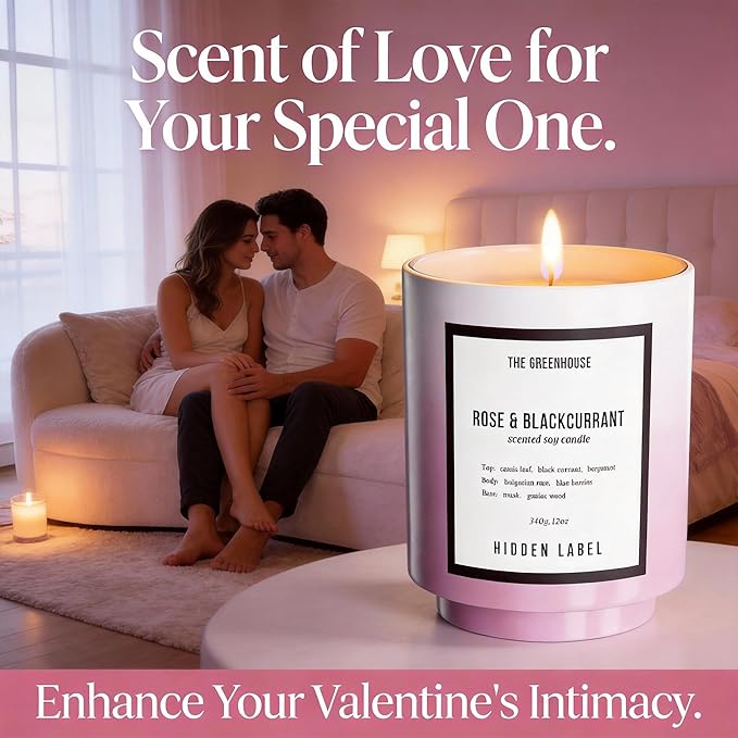 Hidden Label Rose Blackcurrant Soy Candles, 12oz Natural Soy Wax, 75 Hours Long Lasting Clean Burn, Scented Candles Gifts for Women, Valentine's Day, Stress Relief, Meditation, Relaxation