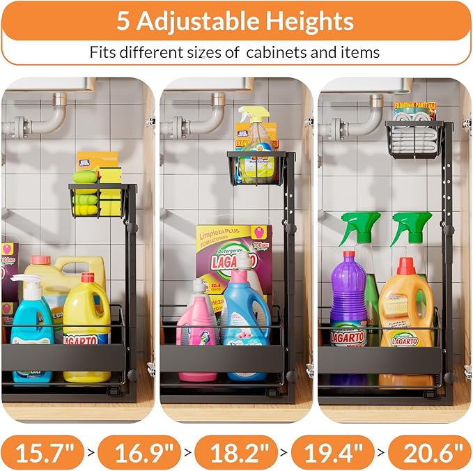 Expandable Under Sink Organizer with 5-Level Height Adjustment,2 Tier Under Sink Organizer Pull-Out Under Sink Drawers Cabinet Organizer for Kitchen & Bathroom Storage,Black,Large