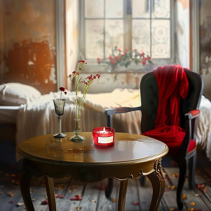 CONNOO 15 Pack 4 OZ Red Glass Candle Jars with Airtight Bamboo Lids for Making Candles, Bulk Small Wide Mouth Empty Candle Containers with Sticky Warning Labels - Dishwasher Safe